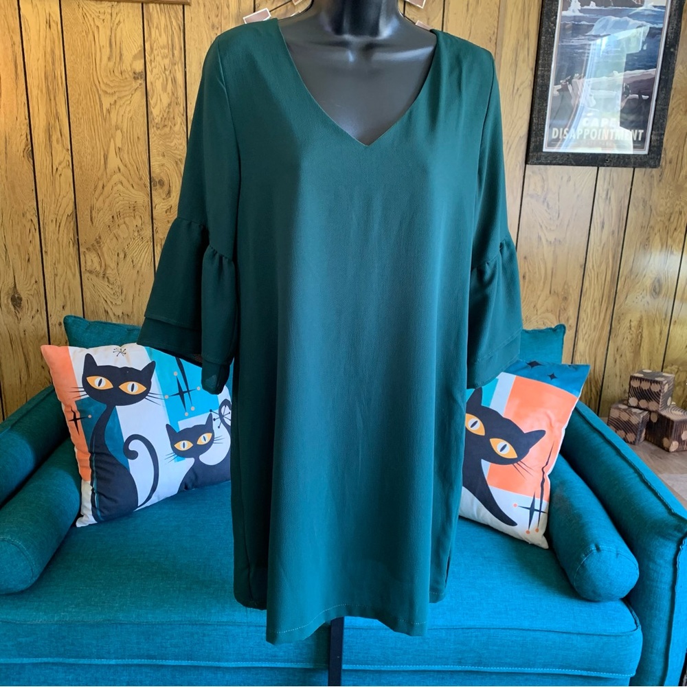 Emerald Green V-Neck Dress with Bell Sleeves